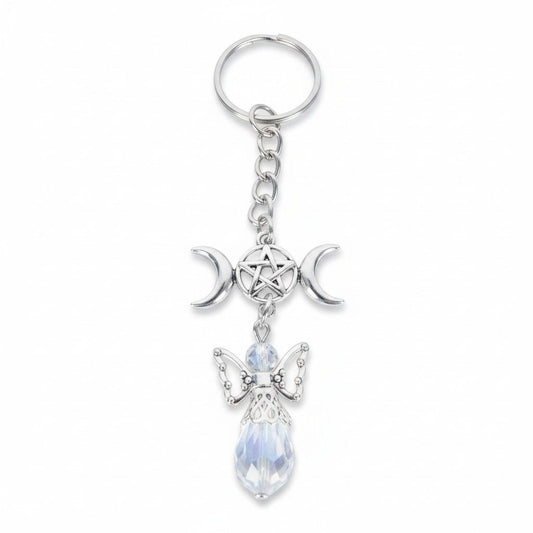 Triple Moon Pentacle Angel Keychain 4.5" - New - Witchcore Ethereal
