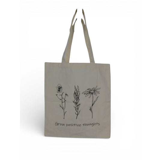 Tote Bag Womens Large Beige Canvas Floral Grow Positive Thoughts Reusable