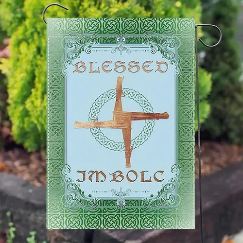 Blessed Imbolc garden flag with a central Brigid cross and Celtic knotwork border