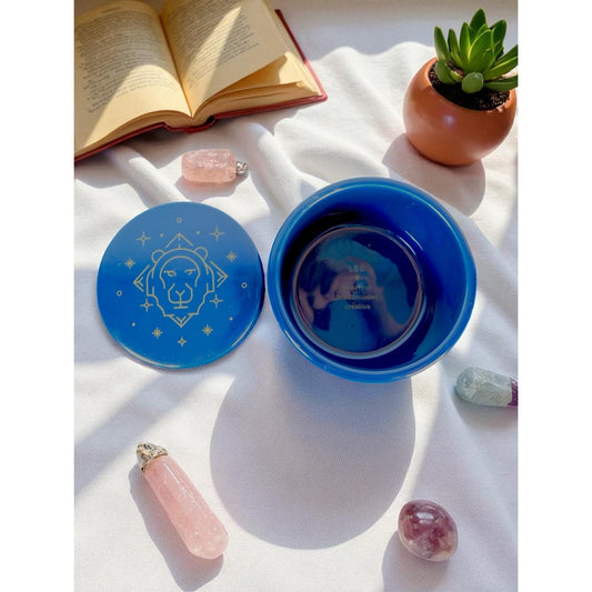 Leo Zodiac Trinket Box Blue Glass Astrological Lion Star Sign Jewelry Dish Gift