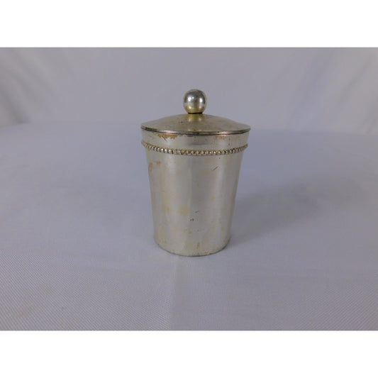 Vintage Silver Tone Metal Lidded Cup Beaded Rim Small Trinket Vanity Jar Decor