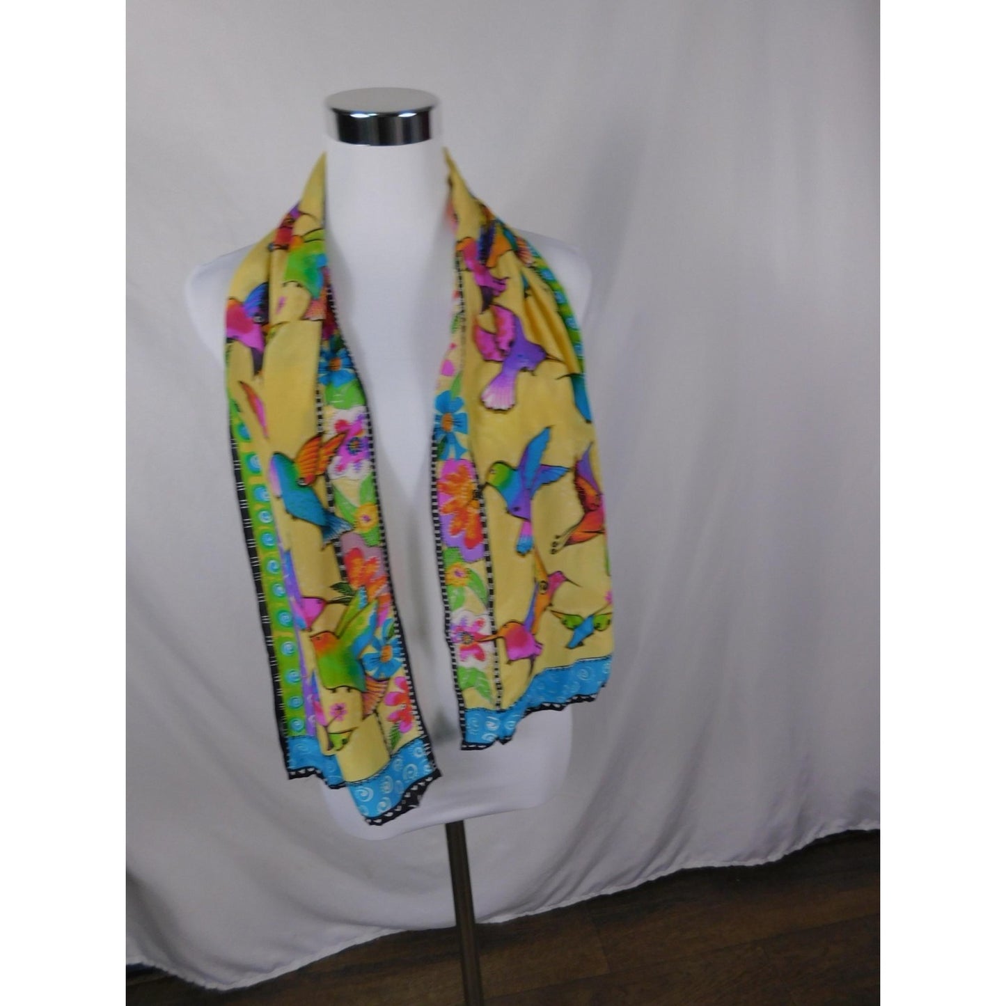Yellow Hummingbird Print Silky Oblong Scarf Boho OS