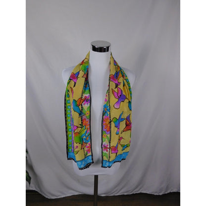 Yellow Hummingbird Print Silky Oblong Scarf Boho OS