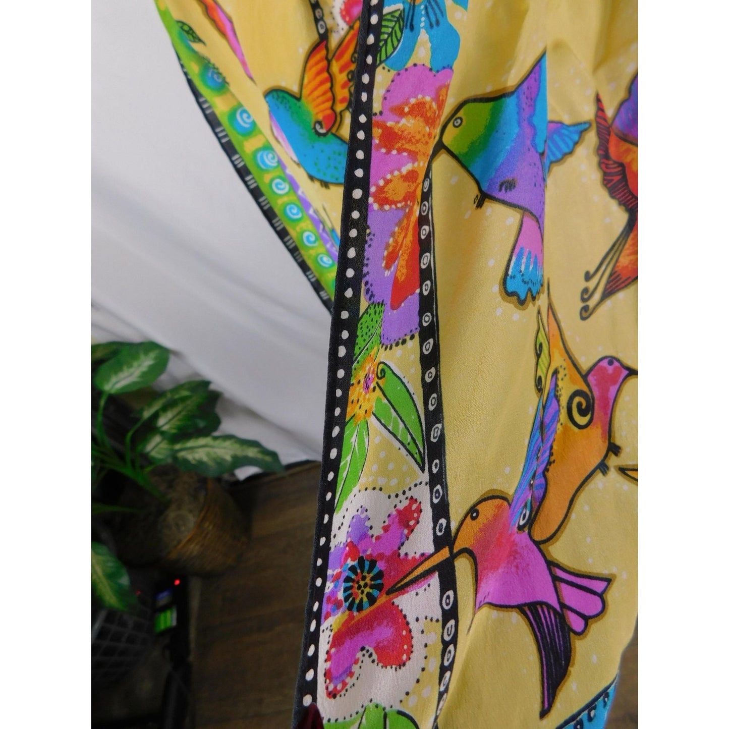 Yellow Hummingbird Print Silky Oblong Scarf Boho OS