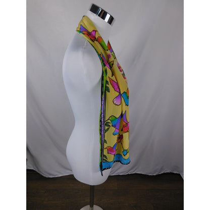 Yellow Hummingbird Print Silky Oblong Scarf Boho OS