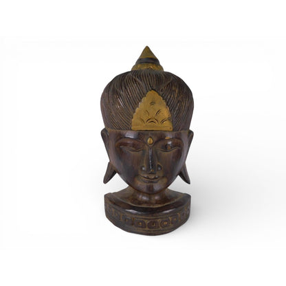 Vtg Carved Wood Buddha Head Statue Brown Gold Bust Buddhist Altar Decor Handmade