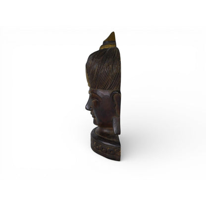 Vtg Carved Wood Buddha Head Statue Brown Gold Bust Buddhist Altar Decor Handmade