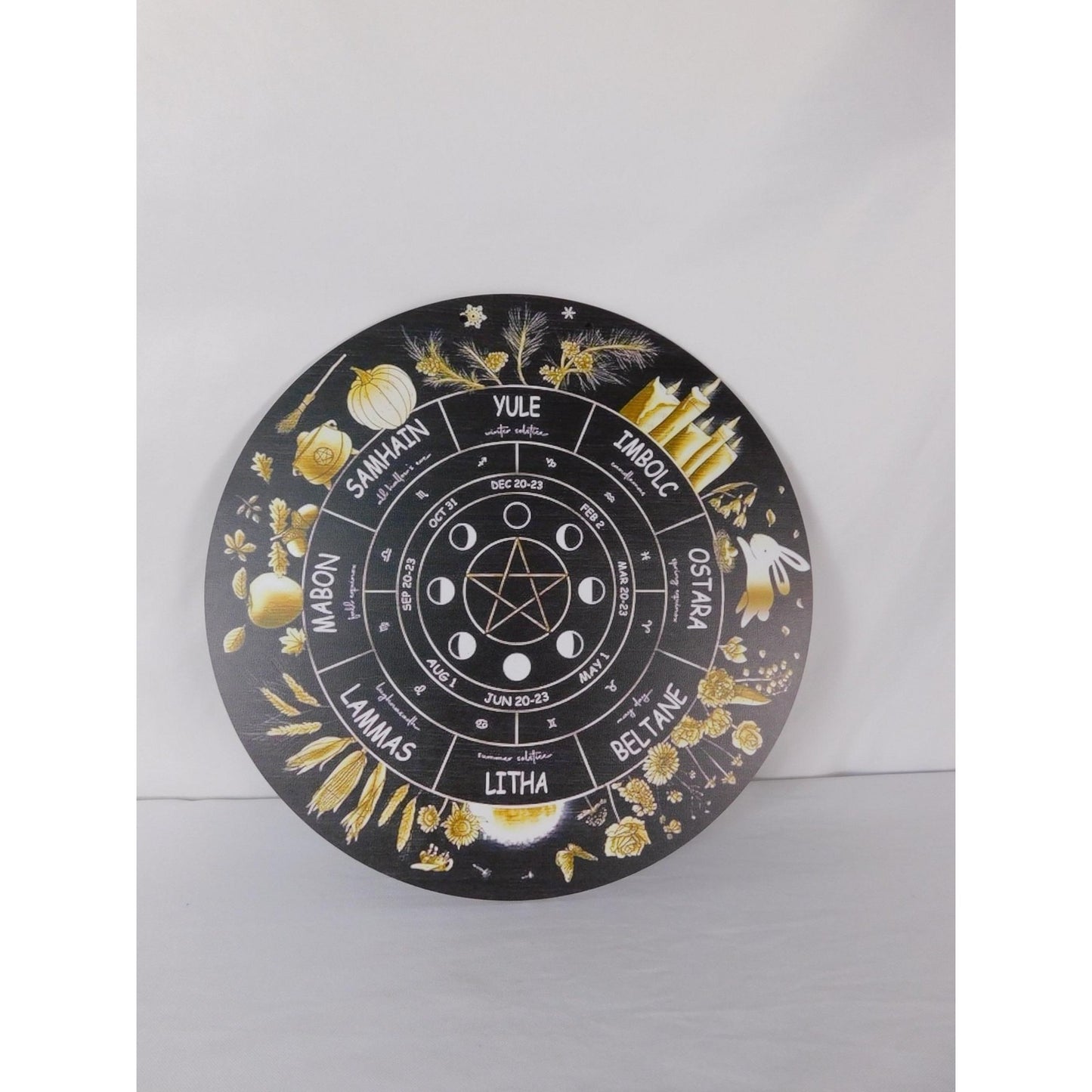 Wheel Of The Year Sabbat Wall Plaque Pentacle Moon Phases Wicca Altar Decor