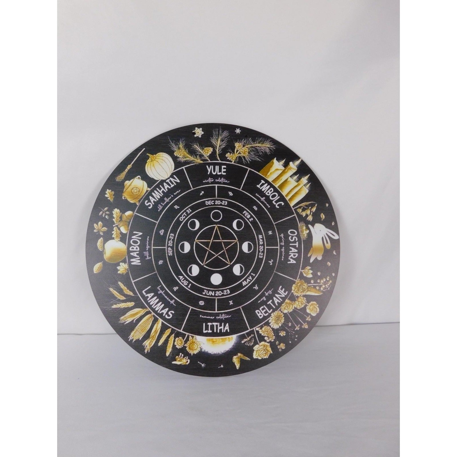 Wheel Of The Year Sabbat Wall Plaque Pentacle Moon Phases Wicca Altar Decor