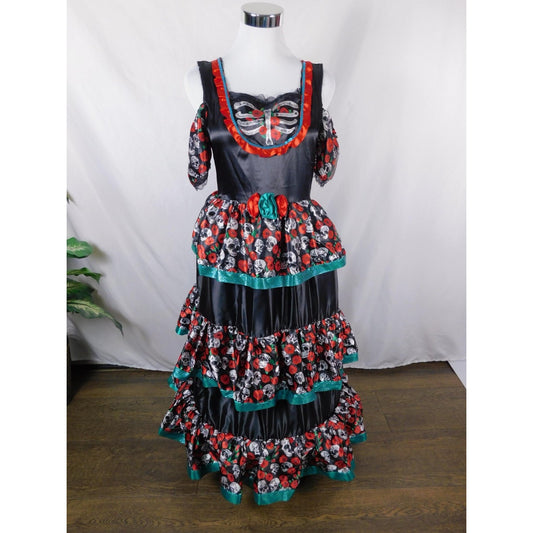 Dia de los Muertos Costume Dress Womens XL Black Red Sugar Skull Ruffle Tiered