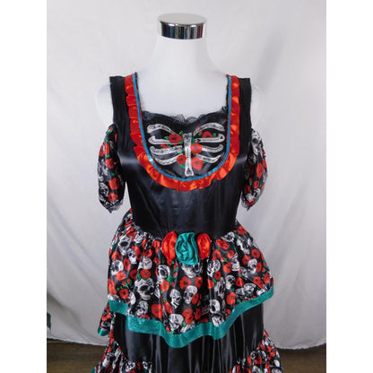 Dia de los Muertos Costume Dress Womens XL Black Red Sugar Skull Ruffle Tiered