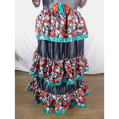 Dia de los Muertos Costume Dress Womens XL Black Red Sugar Skull Ruffle Tiered
