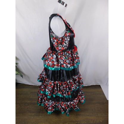 Dia de los Muertos Costume Dress Womens XL Black Red Sugar Skull Ruffle Tiered