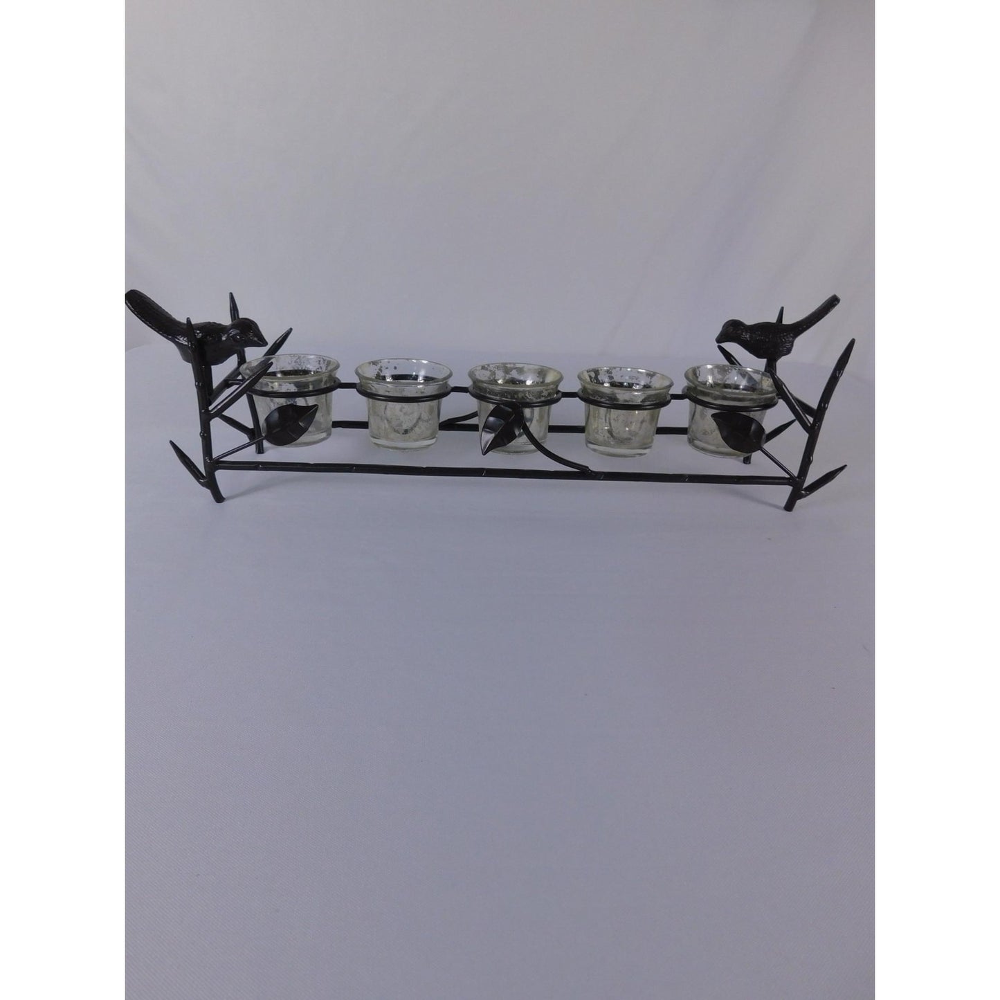 Vintage Black Metal Bird Branch Tealight Candle Holder 4 Glass Cups