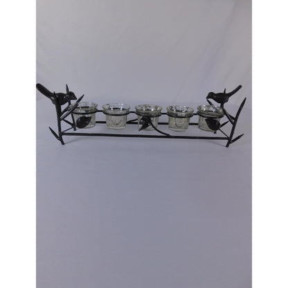 Vintage Black Metal Bird Branch Tealight Candle Holder 4 Glass Cups
