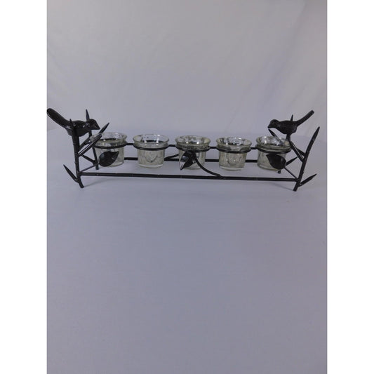 Vintage Black Metal Bird Branch Tealight Candle Holder 4 Glass Cups