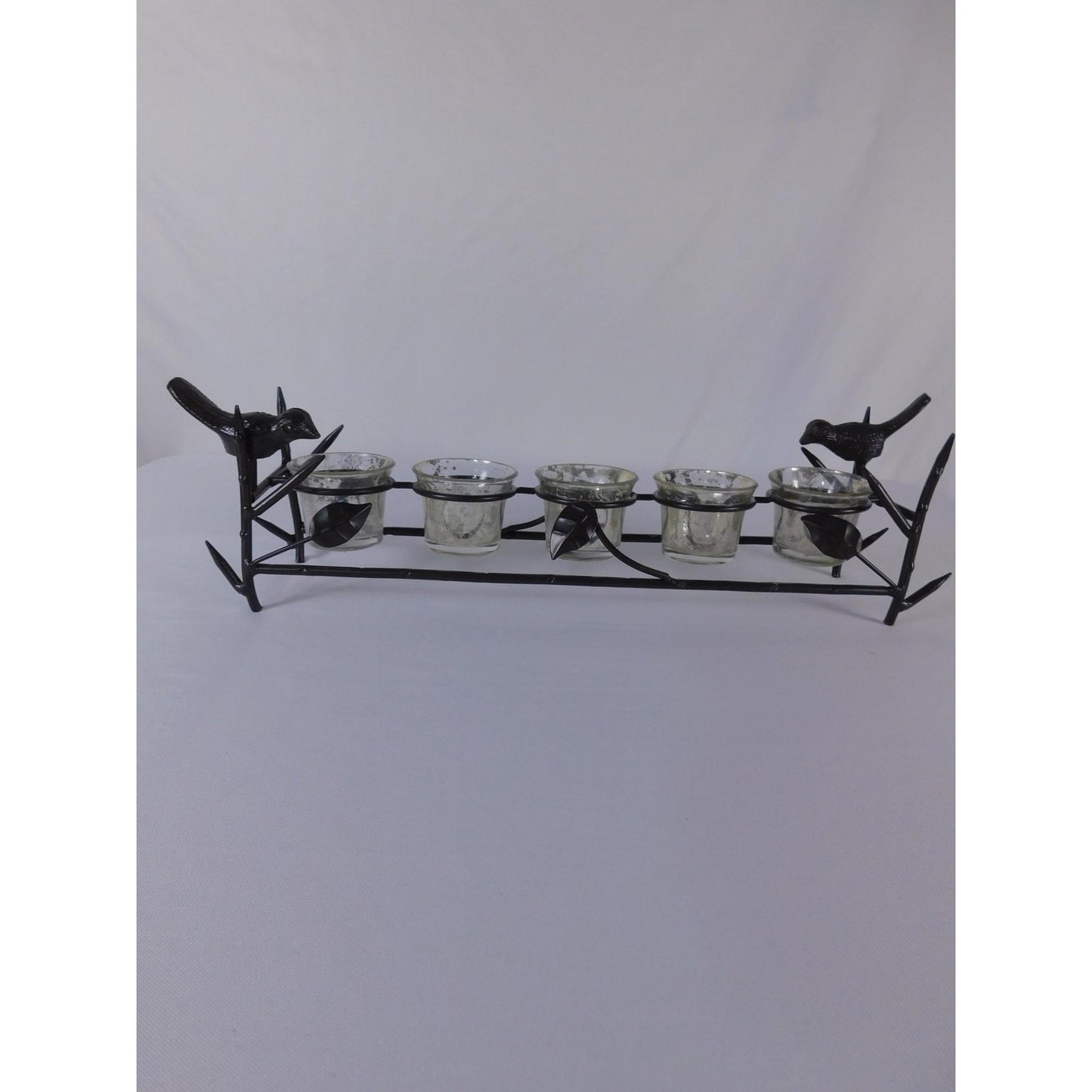 Vintage Black Metal Bird Branch Tealight Candle Holder 4 Glass Cups