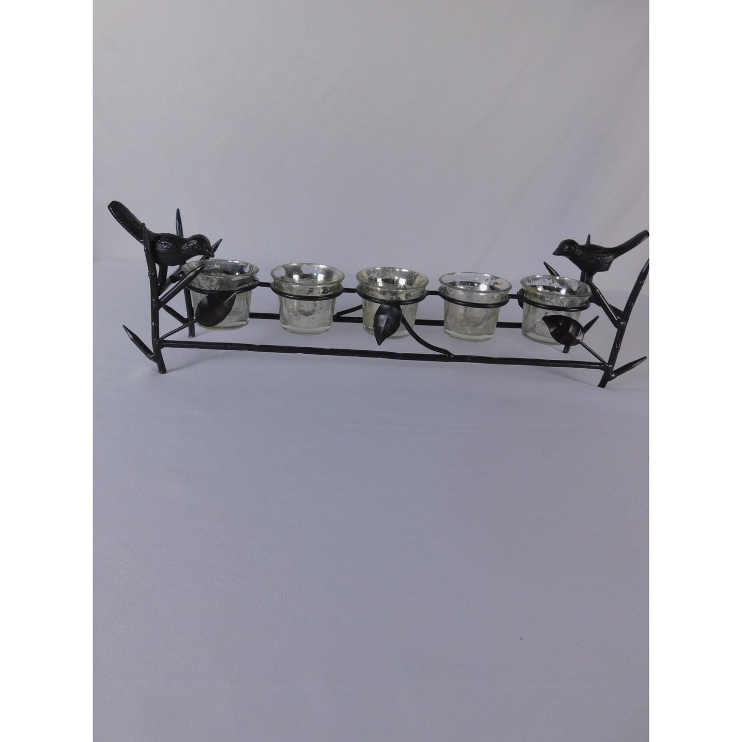 Vintage Black Metal Bird Branch Tealight Candle Holder 4 Glass Cups