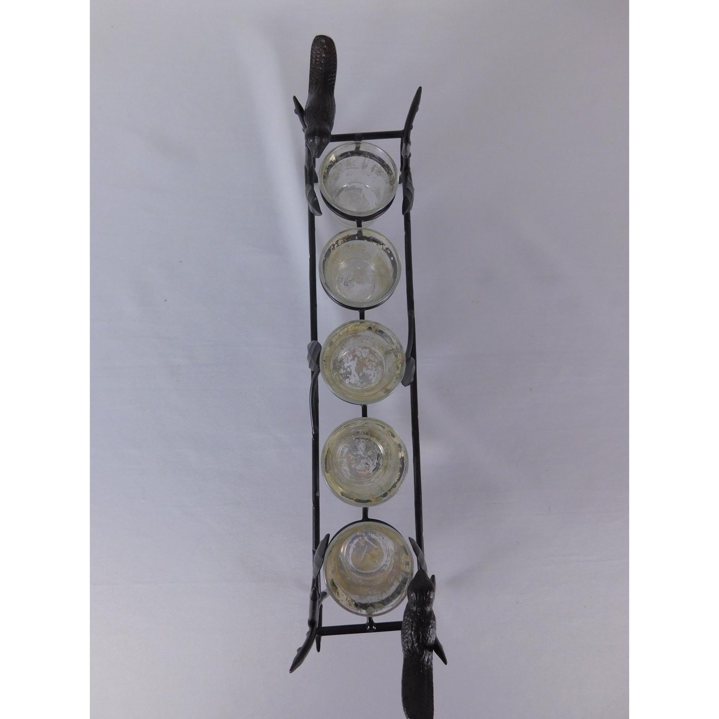 Vintage Black Metal Bird Branch Tealight Candle Holder 4 Glass Cups