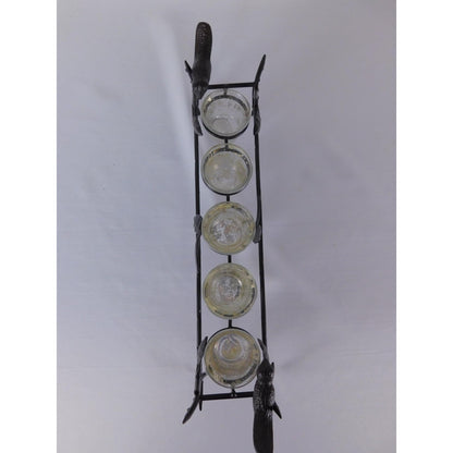 Vintage Black Metal Bird Branch Tealight Candle Holder 4 Glass Cups