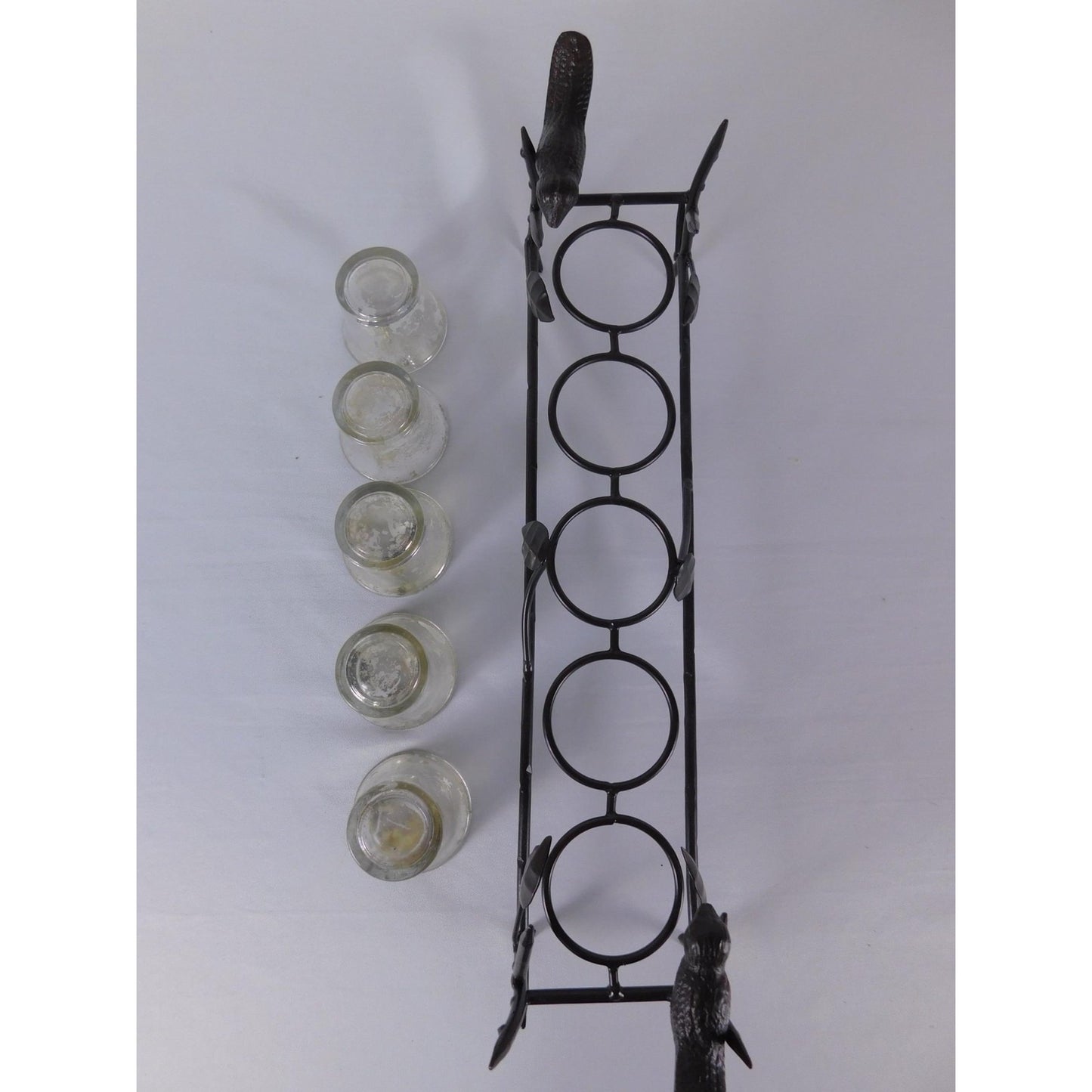 Vintage Black Metal Bird Branch Tealight Candle Holder 4 Glass Cups