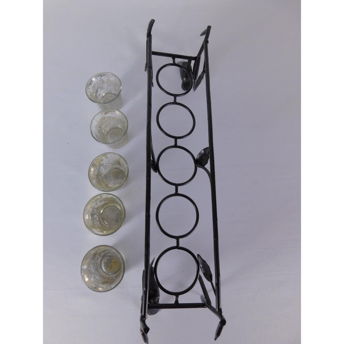 Vintage Black Metal Bird Branch Tealight Candle Holder 4 Glass Cups