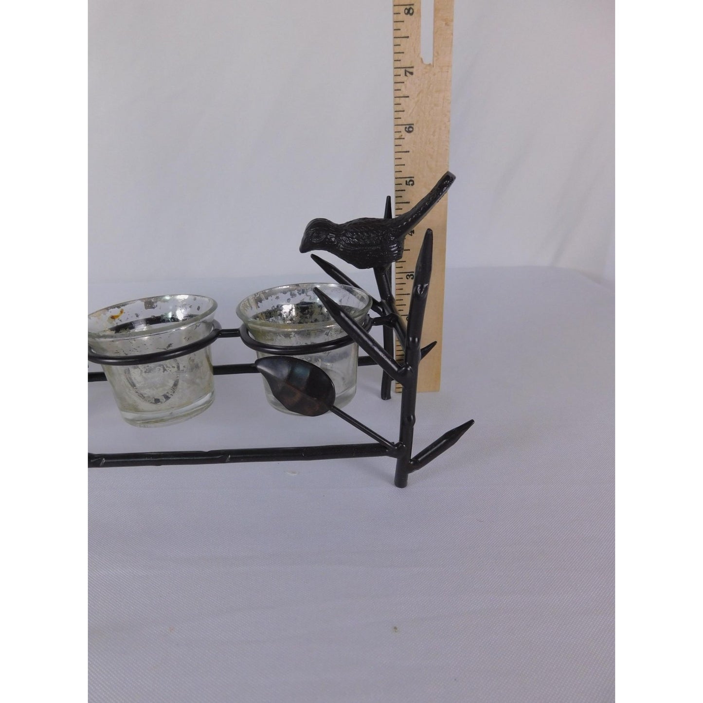 Vintage Black Metal Bird Branch Tealight Candle Holder 4 Glass Cups