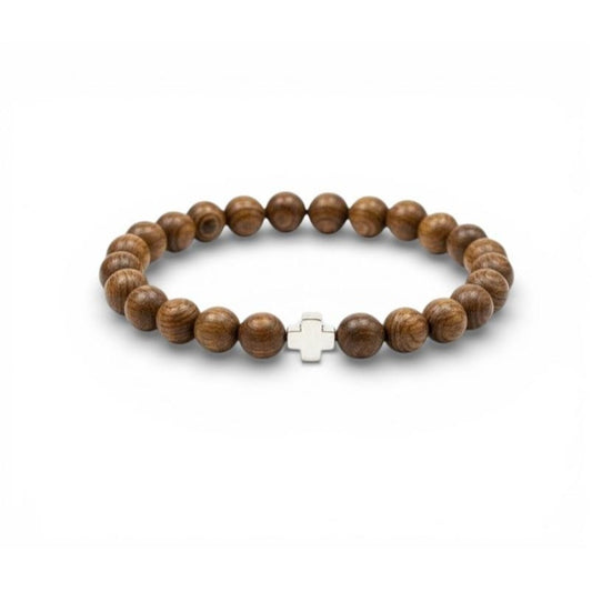 Wood Bead Stretch Bracelet Brown Cross Charm Religious Unisex Prayer Jewelry