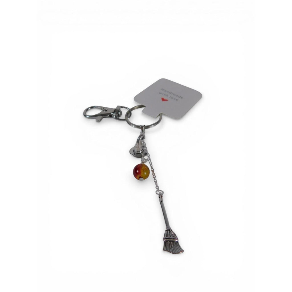 Handmade Keychain Charm Womens 5.5 In Amber Bead Broom Silver Tone Witchy