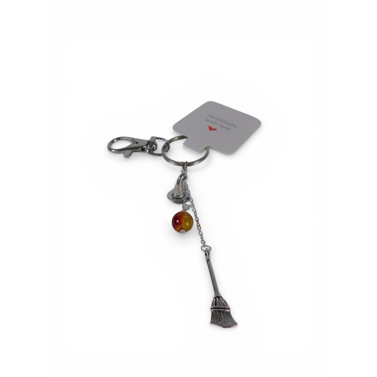 Handmade Keychain Charm Womens 5.5 In Amber Bead Broom Silver Tone Witchy