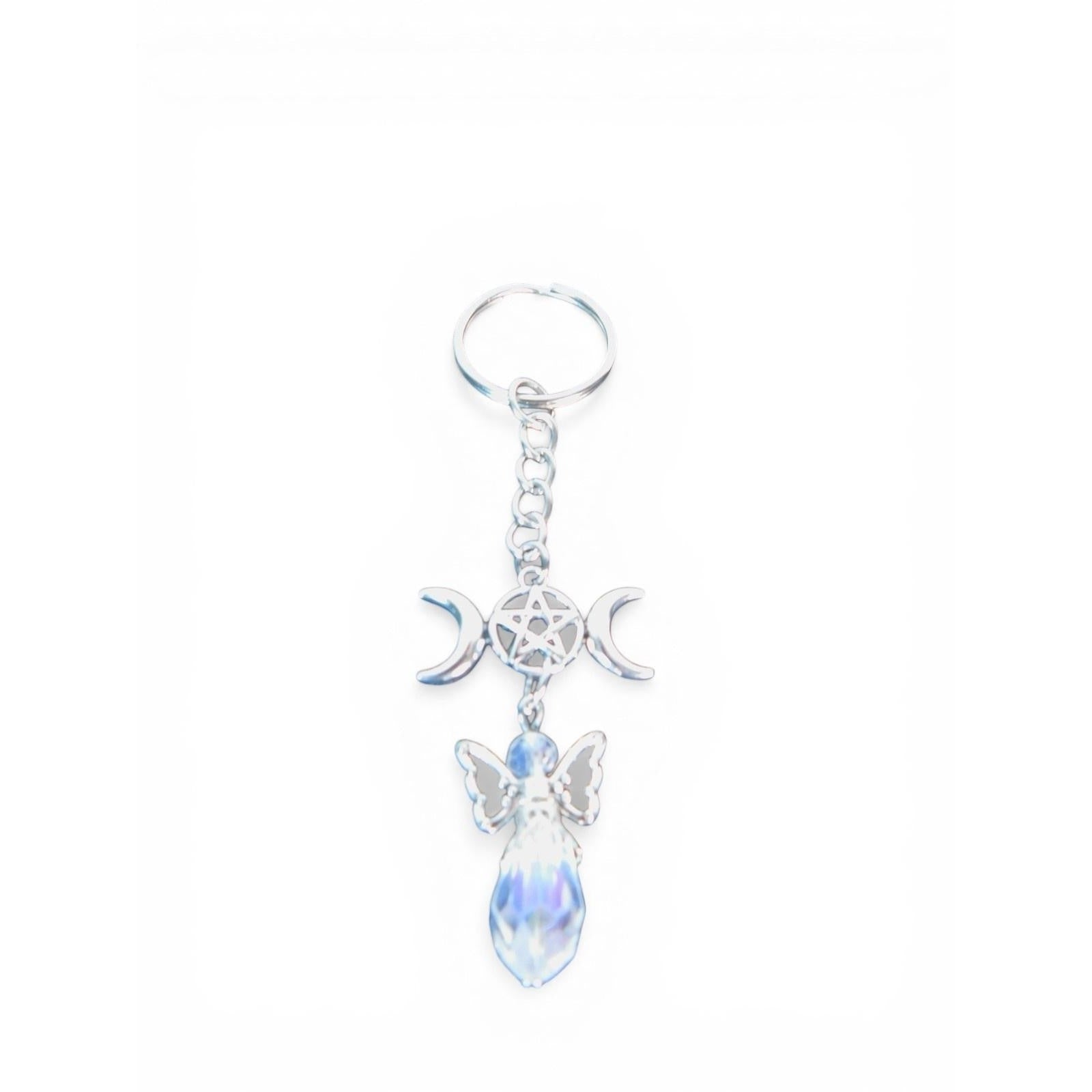 Triple Moon Pentagram Angel Crystal Keychain Silver Metal 4 Inch Charm