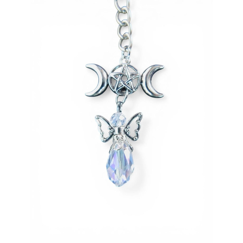 Triple Moon Pentagram Angel Crystal Keychain Silver Metal 4 Inch Charm