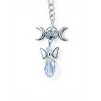 Triple Moon Pentagram Angel Crystal Keychain Silver Metal 4 Inch Charm