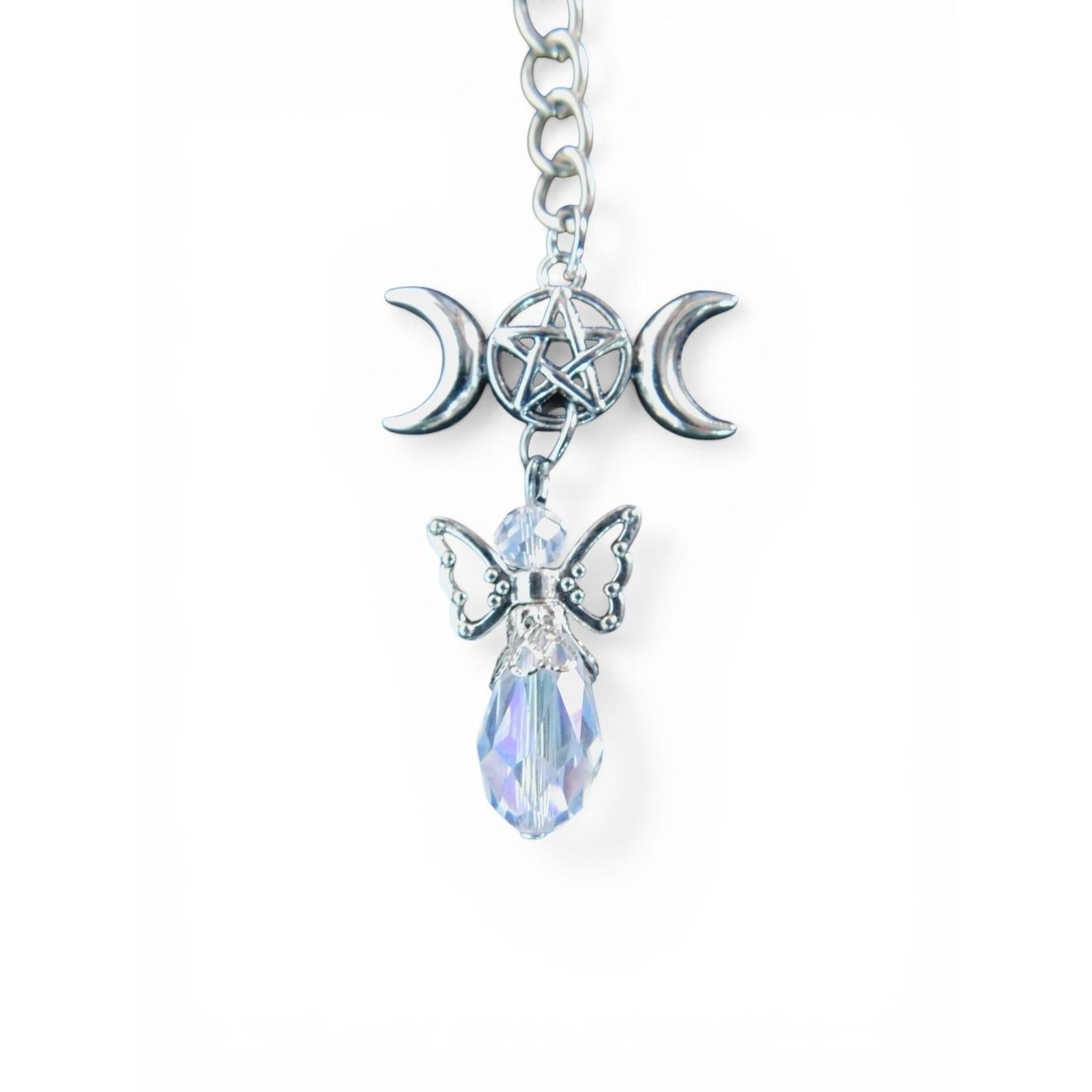 Triple Moon Pentagram Angel Crystal Keychain Silver Metal 4 Inch Charm