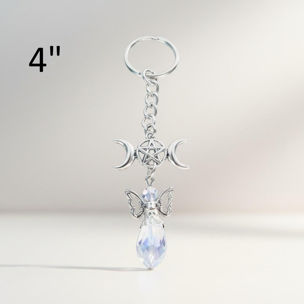 Triple Moon Pentagram Angel Crystal Keychain Silver Metal 4 Inch Charm