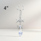 Triple Moon Pentagram Angel Crystal Keychain Silver Metal 4 Inch Charm