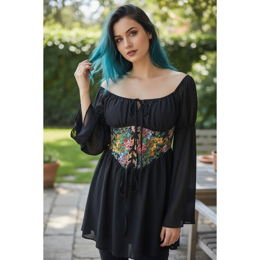 Cider Floral Corset Mini Dress M - Boho Off-Shoulder - Excellent