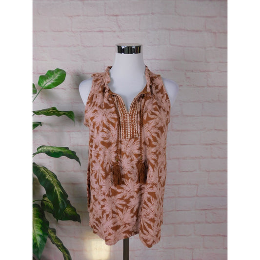 J Jill Petite Boho Sleeveless Tassel Top S Brown Pink Palm Print