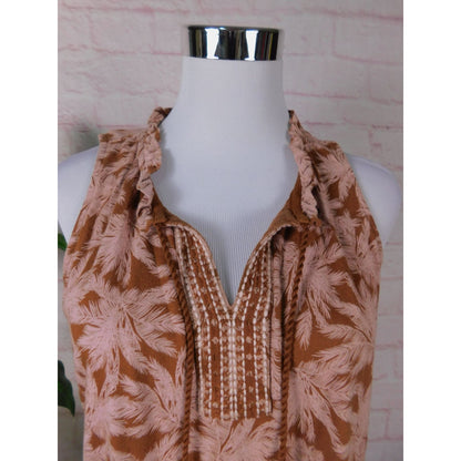 J Jill Petite Boho Sleeveless Tassel Top S Brown Pink Palm Print