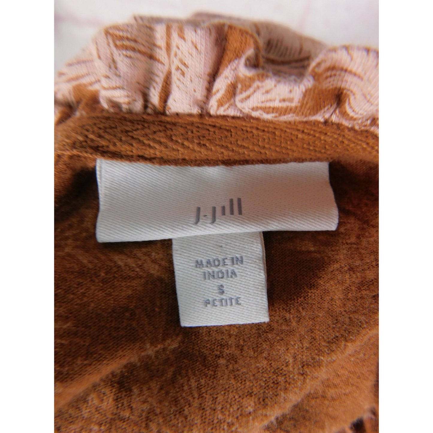 J Jill Petite Boho Sleeveless Tassel Top S Brown Pink Palm Print