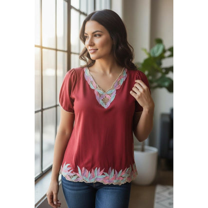 Lotus Red Embroidered Leaf Blouse M - Boho Cotton - Excellent