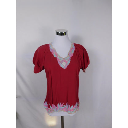 Lotus Red Embroidered Leaf Blouse M - Boho Cotton - Excellent