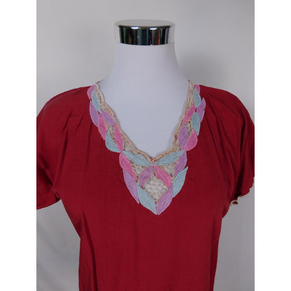 Lotus Red Embroidered Leaf Blouse M - Boho Cotton - Excellent