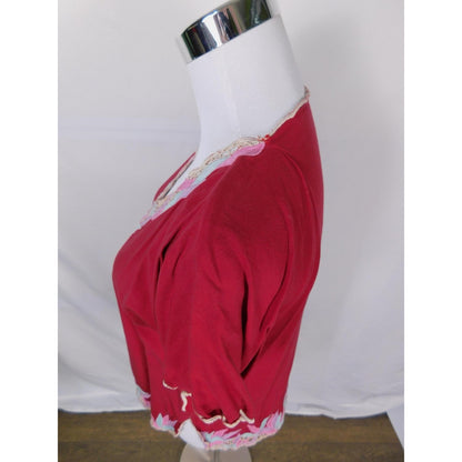 Lotus Red Embroidered Leaf Blouse M - Boho Cotton - Excellent