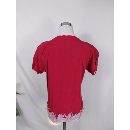 Lotus Red Embroidered Leaf Blouse M - Boho Cotton - Excellent