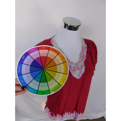 Lotus Red Embroidered Leaf Blouse M - Boho Cotton - Excellent