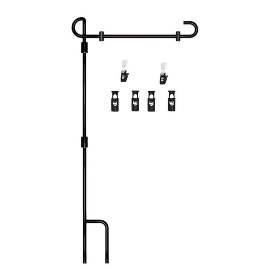 35" Black Garden Flag Holder - Metal Yard Stake with Anti-Wind Clips & Stoppers