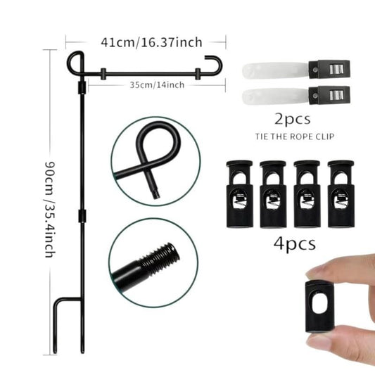 35" Black Garden Flag Holder - Metal Yard Stake with Anti-Wind Clips & Stoppers