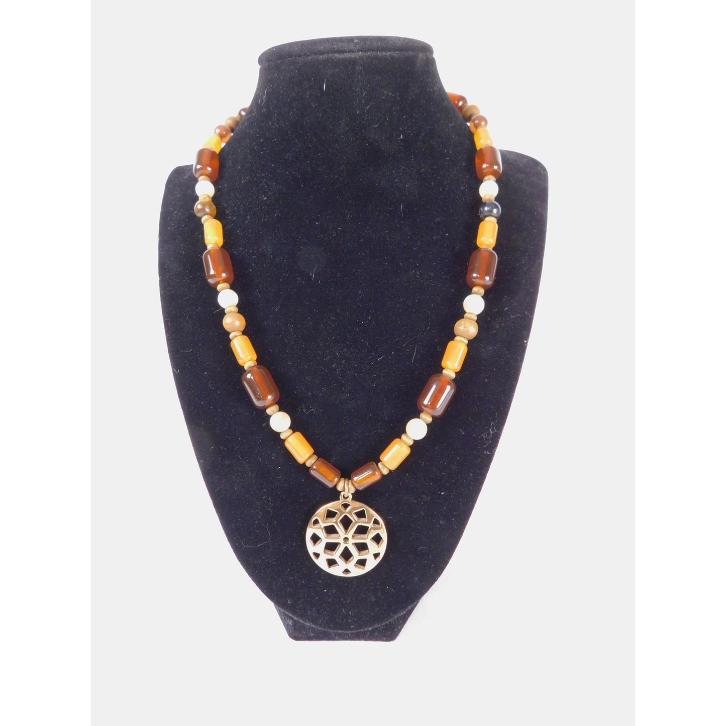 Vintage Beaded Pendant Necklace Boho Geometric Gold Tone Adjustable Statement Je