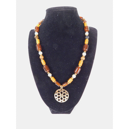 Vintage Beaded Pendant Necklace Boho Geometric Gold Tone Adjustable Statement Je